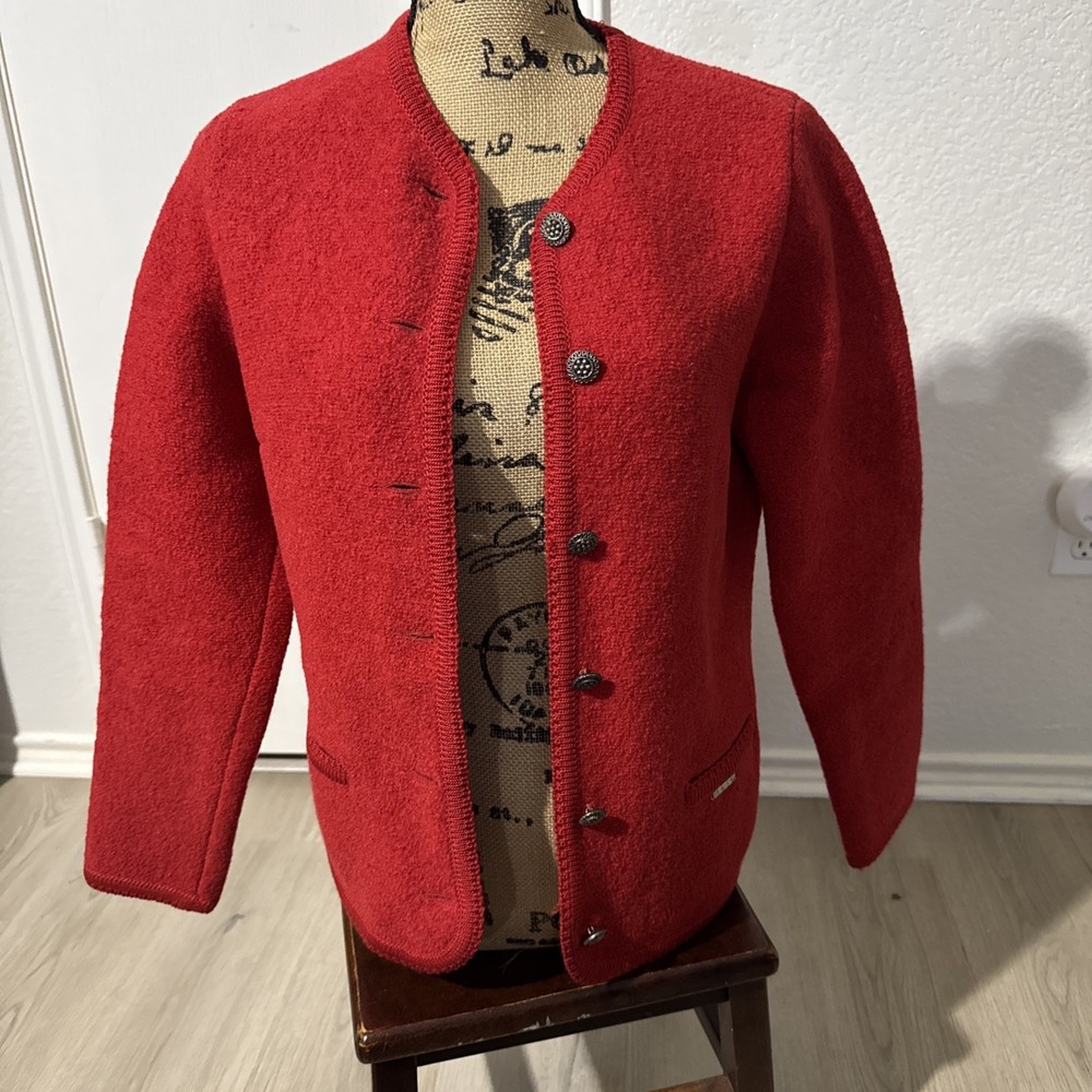 Vintage Geiger Tyrol Jacket Women's Red Size 42 Boiled Woool Cardigan Sweater